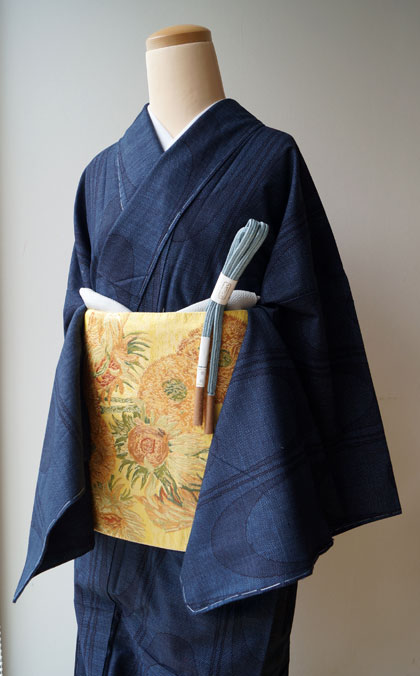 袷】藍地波絣文綿薩摩とゴッホのひまわり写し袋帯 #kimono #着物 | ち 
