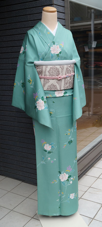 袷】翡翠色バラ柄小紋と織り華文名古屋帯 #kimono #きもの | ちぇら
