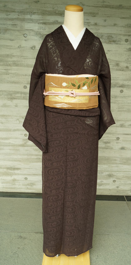 夏物】焦茶色流水透かし紋紗色無地と日本刺繍桔梗文絽綴れなごや帯 