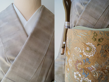 袷】グレージュ暈し白山紬とスワトウ刺繍の野蚕糸袋帯 #kimono #着物  