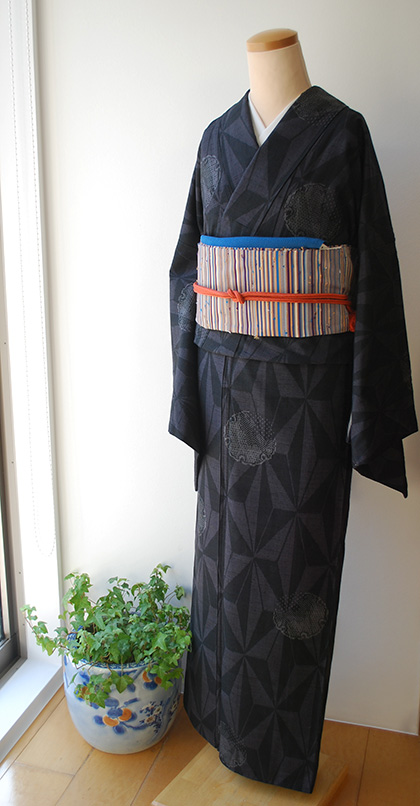 袷】変わり麻の葉に雪輪柄の結城紬とPOPな髭綴れのなごや帯 #kimono