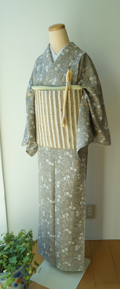 袷】双葉葵文松煙染め着物とインド野蚕糸ボーダー洒落袋帯 ＃kimono 