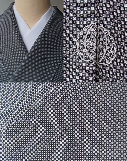 袷】灰色地に墨黒の江戸小紋お召十と文様柄市松袋帯 #kimono