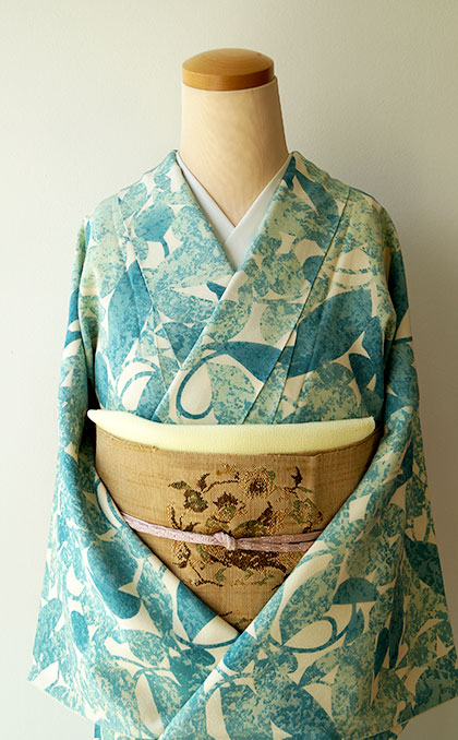 袷】翡翠色葉柄小紋と鳥と植物モチーフのなごや帯 #kimono 袷】翡翠色葉柄小紋と鳥と植物モチーフのなごや帯 #kimono