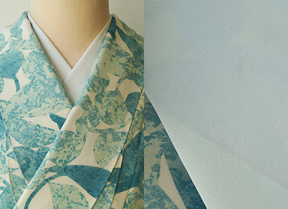 袷】翡翠色葉柄小紋と鳥と植物モチーフのなごや帯 #kimono 袷】翡翠色葉柄小紋と鳥と植物モチーフのなごや帯 #kimono