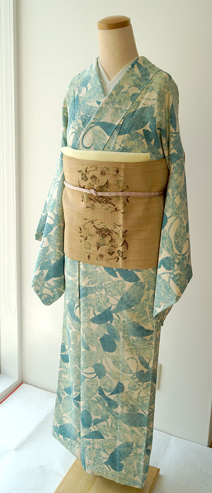 袷】翡翠色葉柄小紋と鳥と植物モチーフのなごや帯 #kimono 袷】翡翠色葉柄小紋と鳥と植物モチーフのなごや帯 #kimono