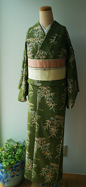 単衣】抹茶色笹柄小紋と博多織半幅帯 #kimono #きもの #着物