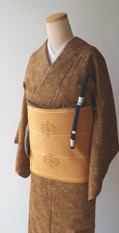 袷】金茶系花鳥文の染め紬とからし色地華文紬八寸なごや帯 #着物