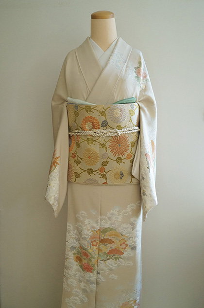 袷】薄香色古典柄訪問着と２種のふくろ帯 #kimono #きもの #着物 | ち