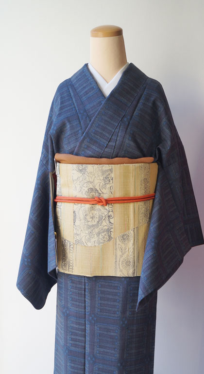 袷】藍色系本場結城紬と紬地小鹿文染めふくろ帯 #着物 #きもの #kimono