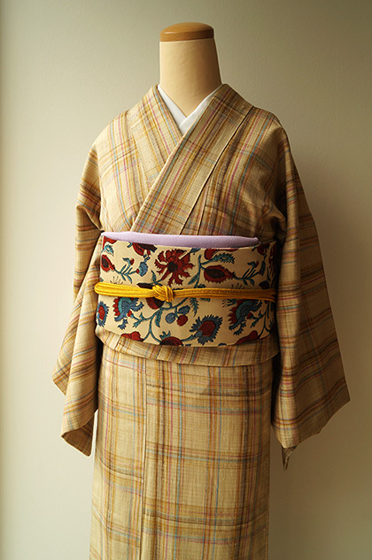 袷】蜂蜜色にカラフル格子柄紬とオリジナル更紗柄なごや帯 #着物  