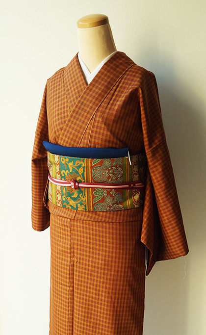 袷】赤茶系黄色格子柄紬と更紗横段柄なごや帯 #着物 #キモノ #kimono 