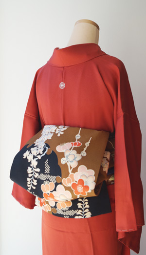 袷】緋色 色無地と梅と藤文様の開きなごや帯 #着物 #着物 #kimono | ち