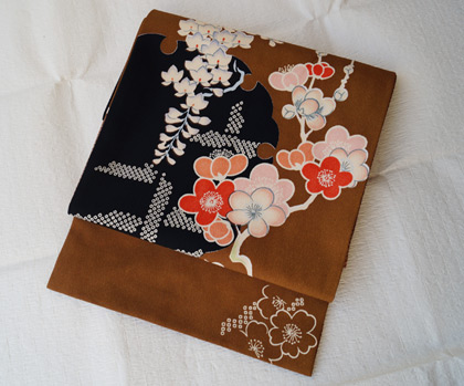 袷】緋色 色無地と梅と藤文様の開きなごや帯 #着物 #着物 #kimono | ち