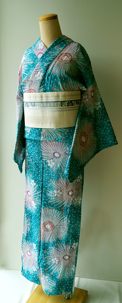 浴衣】ターコイズグリーンの大輪の花絞り柄浴衣 #着物 #きもの #kimono ...