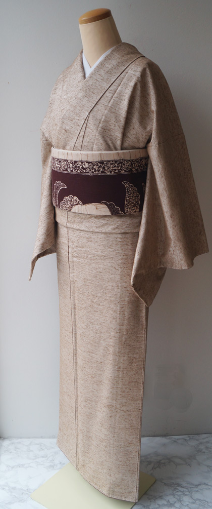 袷】竹田省二氏作 薄茶系 ぜんまい紬と焦げ茶色×砂色 ジャワ更紗