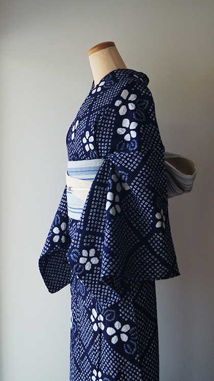 美品　有松絞り　綿着物　現代　浴衣　単衣　夏物　168.5 トールサイズ　藍染 yukata-1455-6817-01.jpg