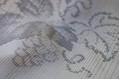 袷】縞に葡萄文の本場白大島紬に渋紫暈し葡萄文塩瀬なごや帯