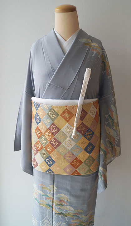 単衣】作家もの 灰青藤色系 松並木や波文 附下げと菱に宝尽くしや吉祥  