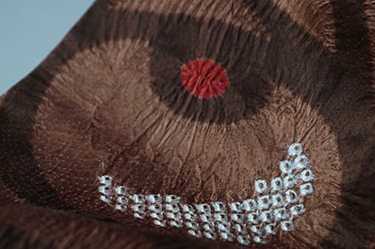 袷】赤茶色 綸子地 万寿菊絞り柄 小紋に作家物 生成り色地 抽象植物文