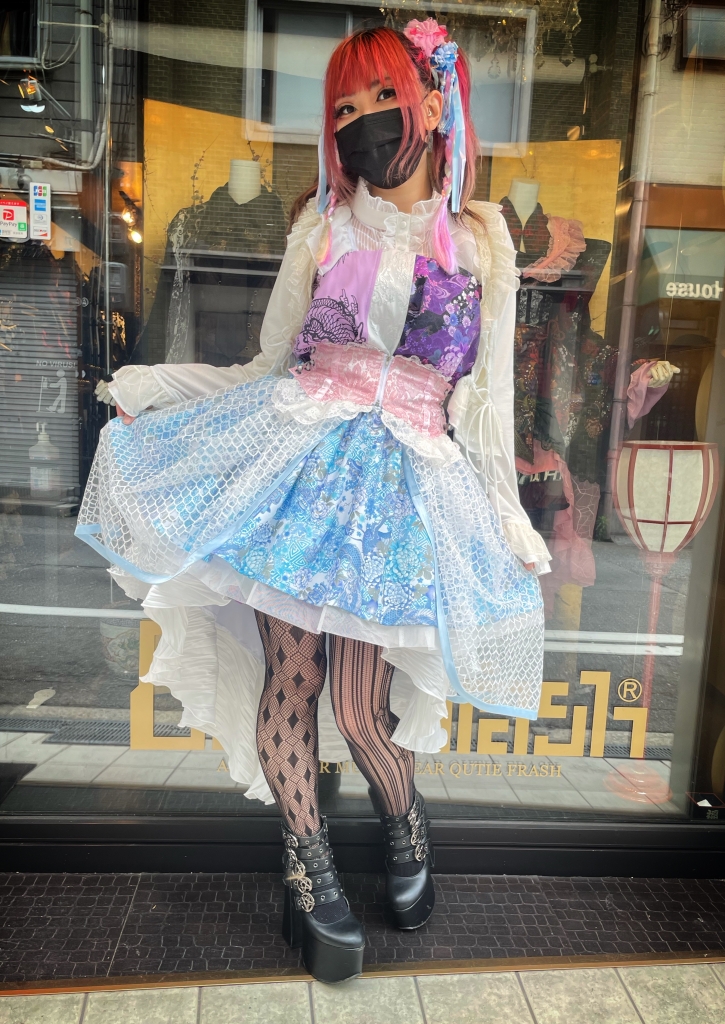 ⑧QutieFrash 和柄アシンメトリースカート 大きいサイズ]綿麻シャンブレー フラックスデフルール刺繍