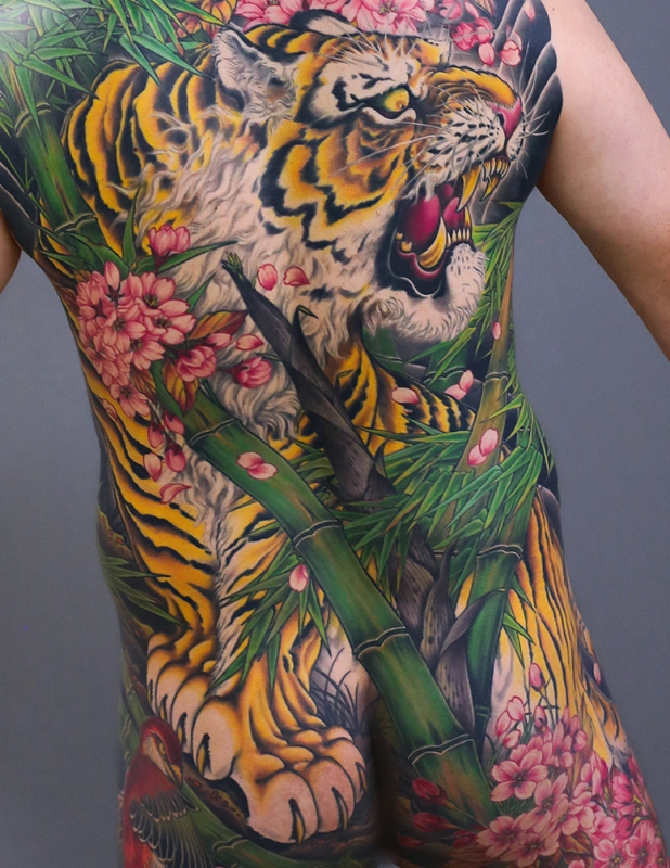 猛虎 竹、桜、鳥 背中一面 完成 | YK-TATTOO BLOG