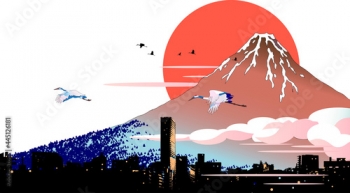 浮世絵の富士山と初日の出の背景 イラストレーション ライフ