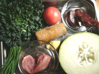 青菜(チンゲン菜)、番茄(トマト)、山薬(長芋)、葱、豚肉、火腿、冬瓜