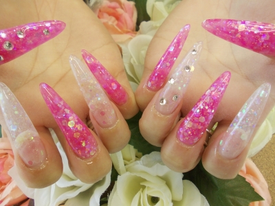 5 12 ピンク クリアホロ ロングスカルプネイル Luxnail 鯖江店