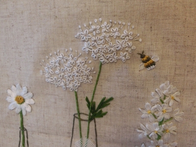 vintage cloth mat ❀ 白いお花 刺しゅうの 心地よかっ 青いクロス