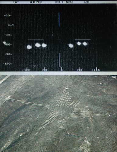 メキシコ軍の赤外線カメラがとらえたUFOとみられる発光体(上)とナスカの地上絵