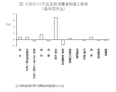6月の10大品目別消費者物価上昇率(前年同月比)