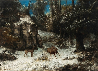 ギュースターヴ・クールベ、川辺の鹿、希少な額装用画集より