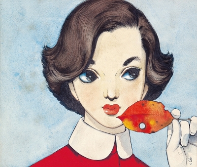 手描きイラスト 水彩原画 緑色瞳の女の子188 紛らわし 