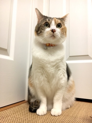 正面から見たオレンジの花柄の首輪をした三毛猫さん