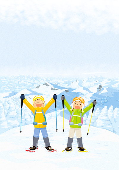 冬のイラスト。スノーシューで山登り。