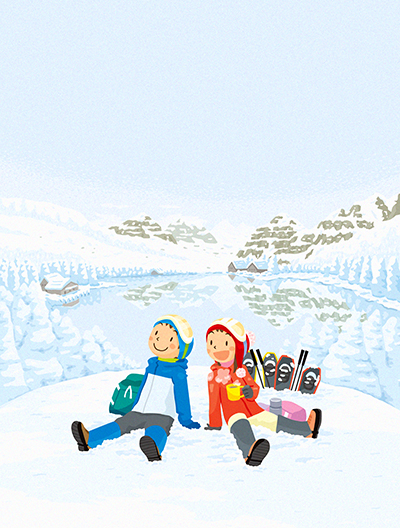 冬のイラスト。スノーシューで山登り。