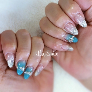 グリーンブルー シルバーラメグラデーションネイル Nail Salon Big Smile 山形ﾈｲﾙｻﾛﾝ ビッグ スマイル