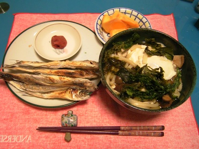 R0033294夜-アゴ干物、手づくり梅干、アオサと卵うどん、柿_400.jpg
