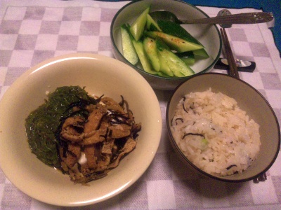 SBSH0209_0805夜-メカブ奴に揚げの甘辛煮、かやくご飯、キュウリ甘酢和え_400.jpg