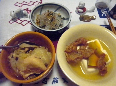 R0012392_0802夜-チキンスープ、しらすおろし(辛い)、ごぼう天、カボチャ酢漬けの冷奴_400.jpg