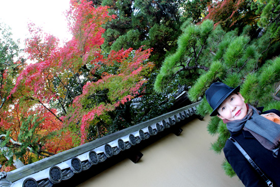 瓦屋根から赤く染まった紅葉