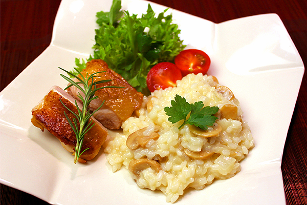 エンドウ豆、そら豆、ロケットチキンのリゾット レシピ