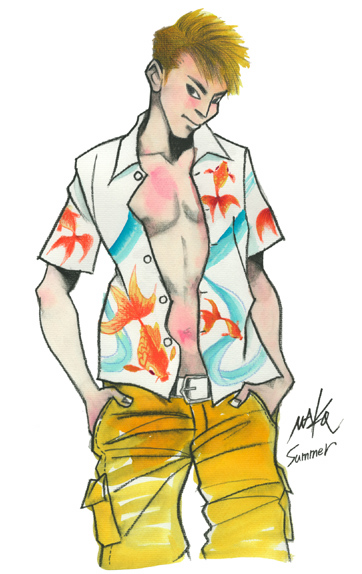 夏の男 金魚柄のシャツ オケスタジオmakoイラストレーション