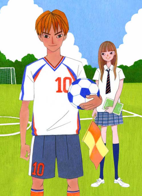 高校サッカー部女子マネージャーと選手 オケスタジオmakoイラストレーション