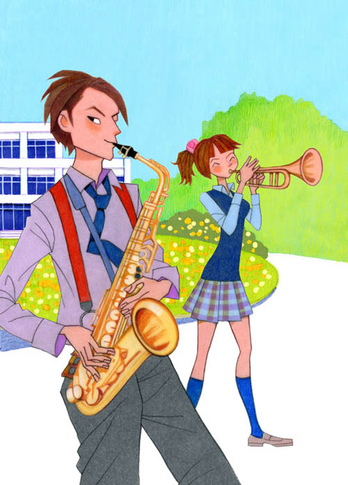 サックスを吹く吹奏楽部の高校生 新入生勧誘の春 オケスタジオmakoイラストレーション