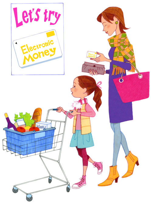スーパーマーケットで買い物する親子イラスト オケスタジオmakoイラストレーション