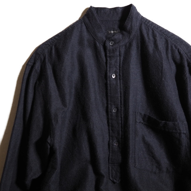 COMOLI コモリ ウールシルク プルオーバーシャツ ネイビー 1 / Wool