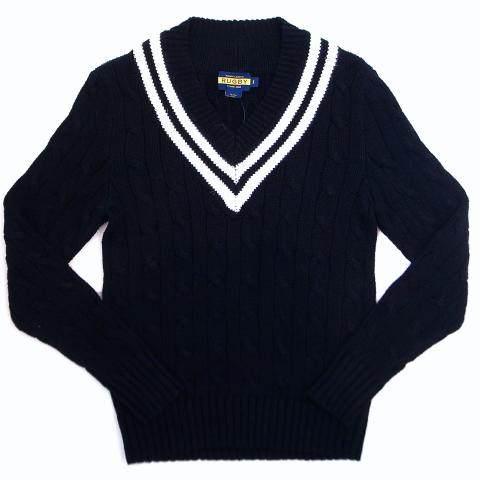 Ralph Lauren Rugby Vneck Knit Cable-Knit Cricket Sweater Black