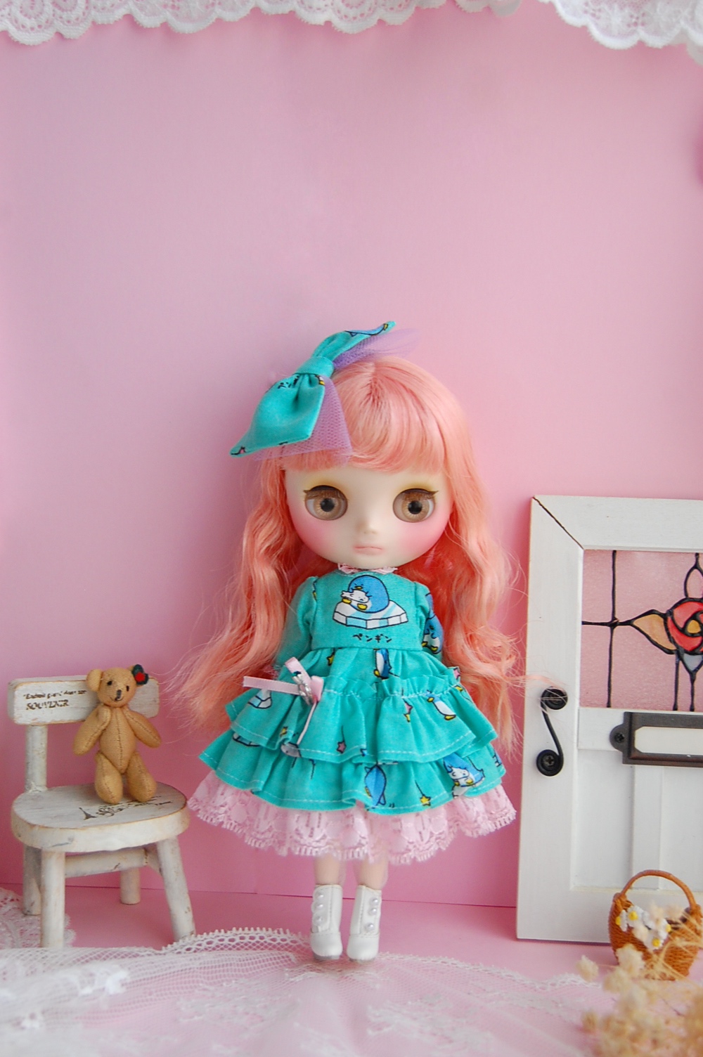 ペンギン柄エプロン ブライスアウトフィット 3点セット ドール服